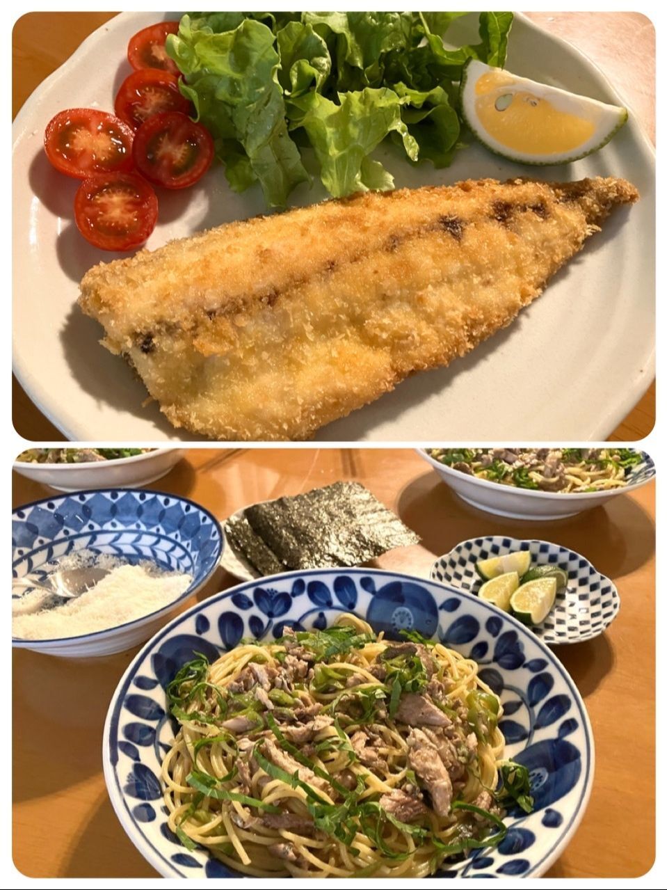大～きな鯵フライと秋刀魚のパスタ「天然魚で美味しい食卓」