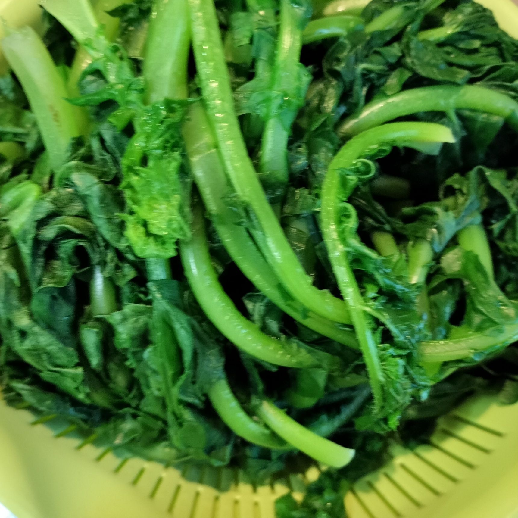 4、葉の部分は、サッと塩ゆでする→流水で冷ます→しっかり水気をきる→細かく切る（→手順2の浅漬けに少量の大根葉を加える）→フライパンを熱し、ごま油を入れる→切った大根葉と材料●を加えて炒める→器に盛り付ける（お粥に加える具材1完成）