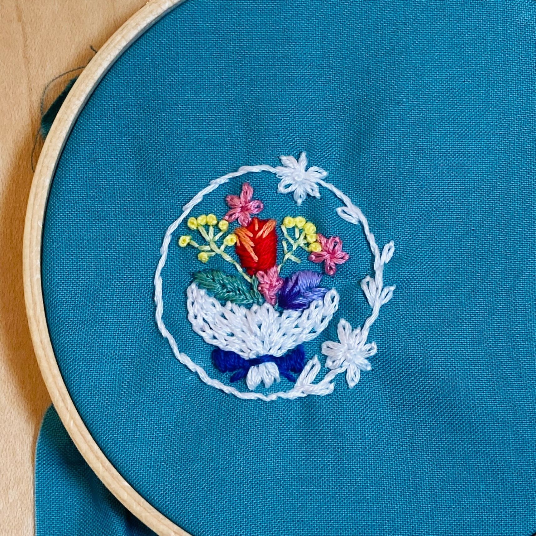 ③3種類の花、花束周りの白い枠を刺繍します