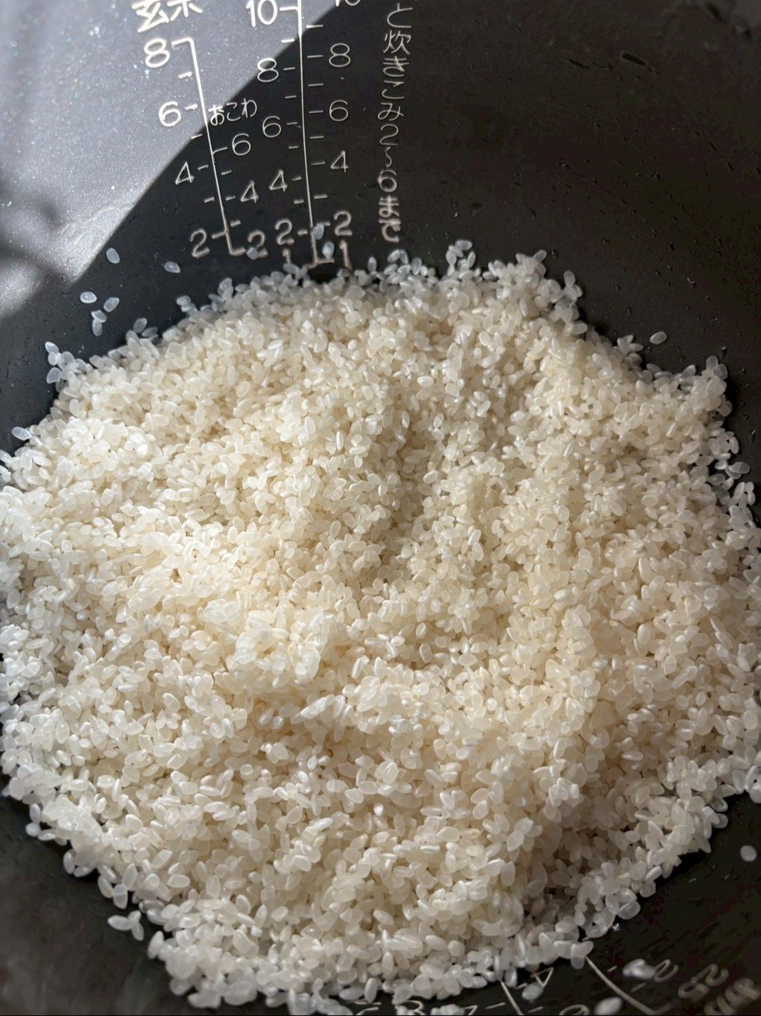 炊飯ジャーの内釜で炊きたい分量の米を研いで水を捨てておきます