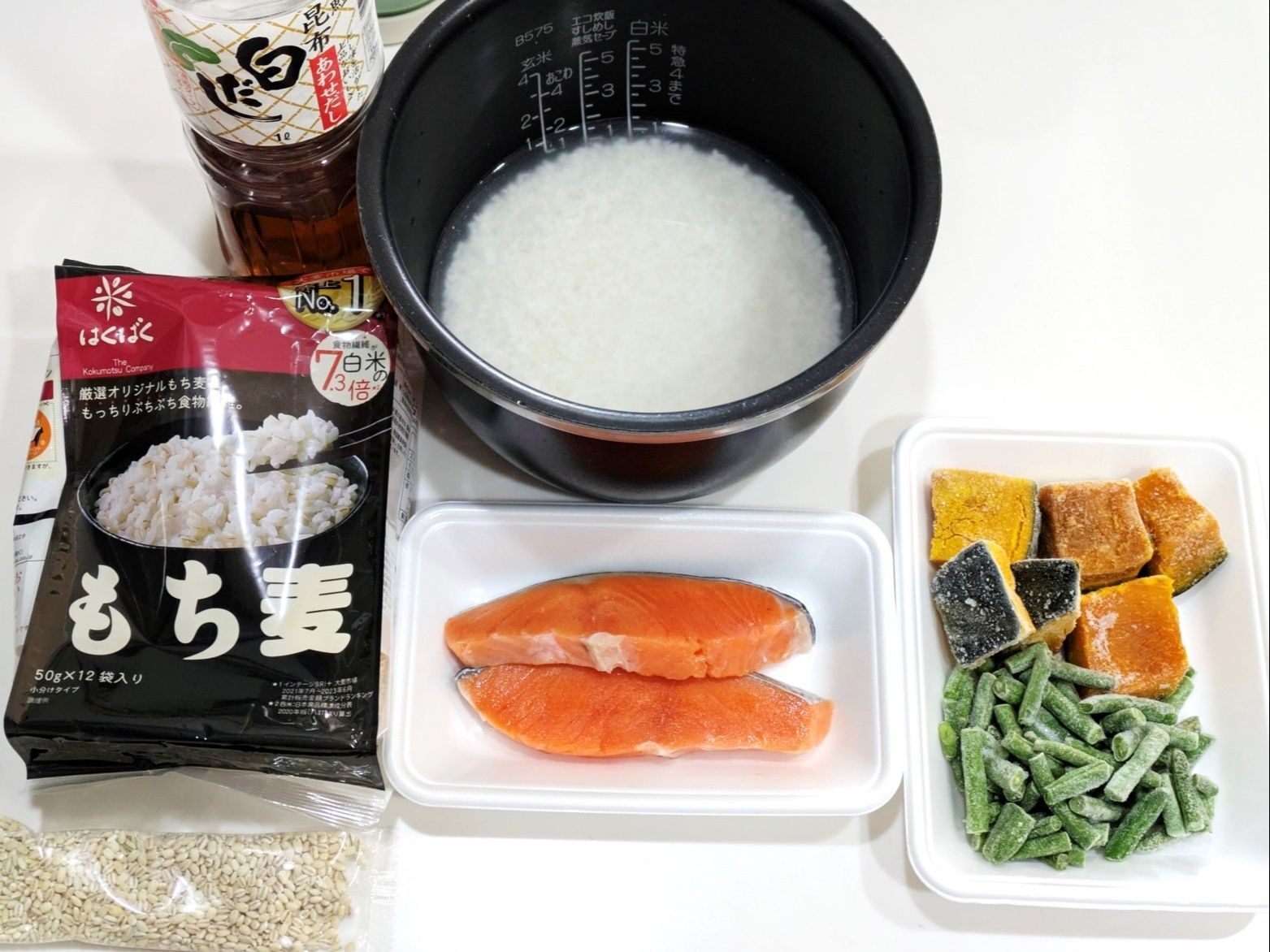 TRY② ふりかけご飯・鮭・蒸しカボチャ・蒸しインゲン