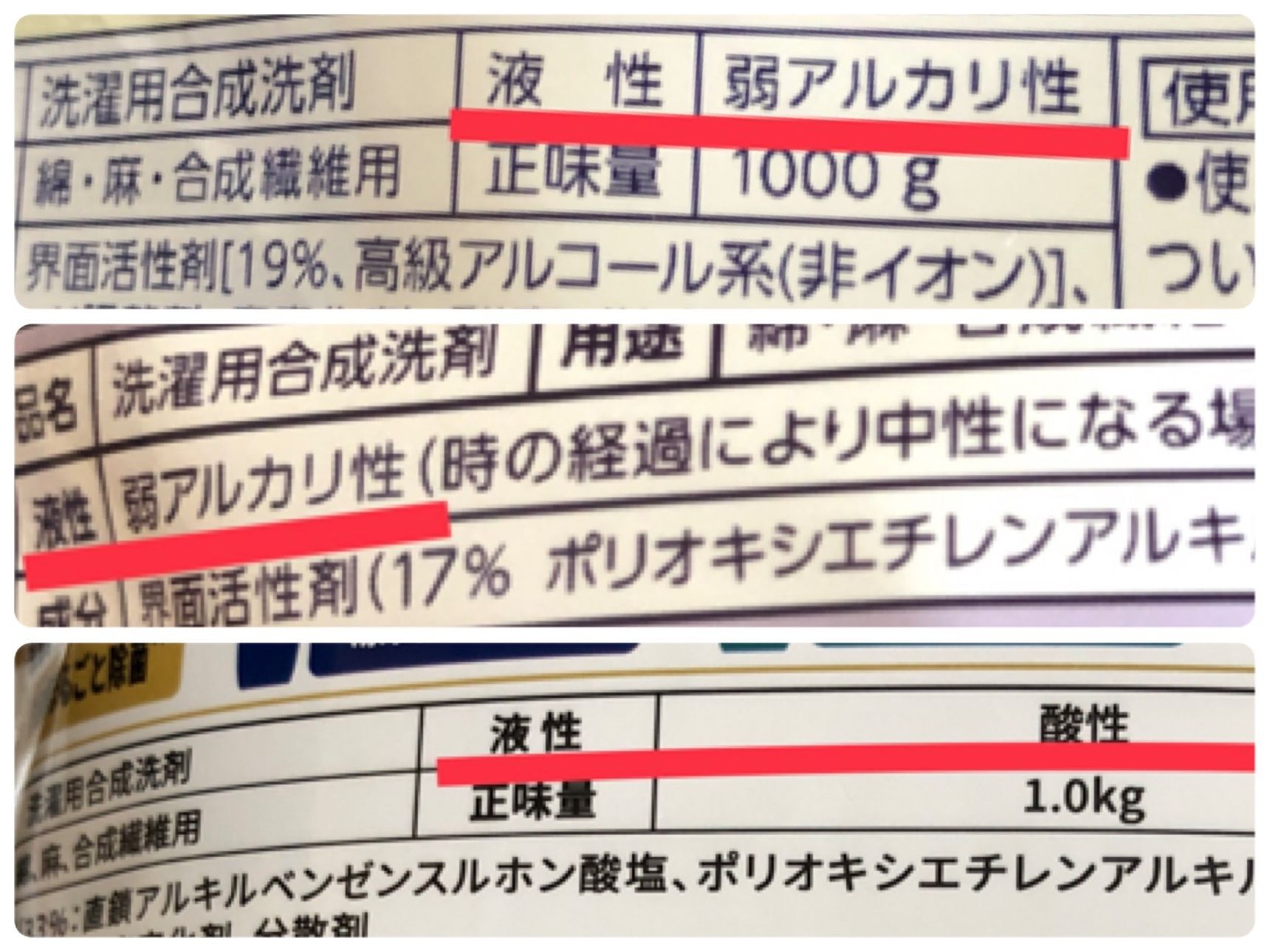 弱アルカリ性の製品と酸性の製品