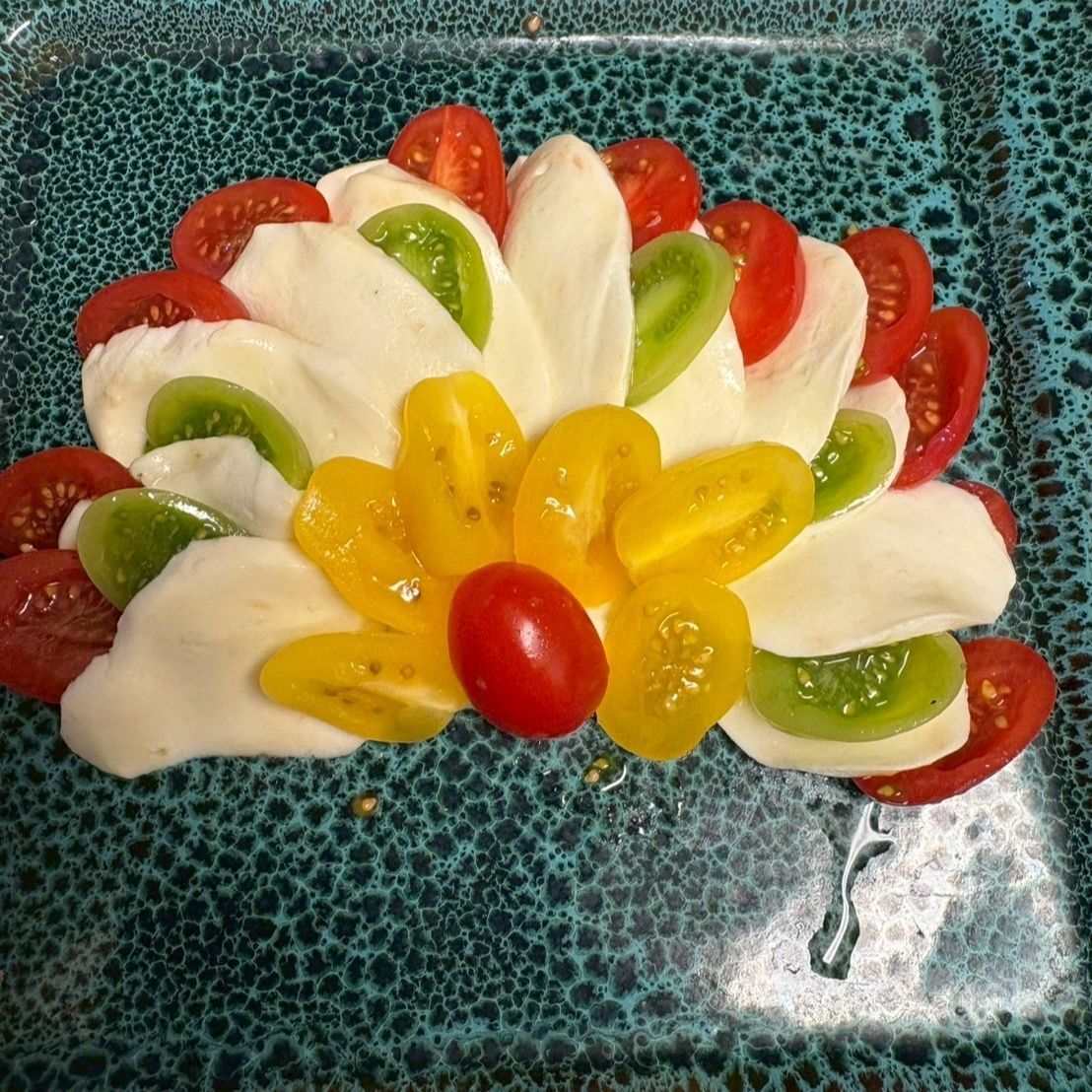 モッツアレラチーズを扇状に広げた所にミニトマトを挟みこんで飾りました。