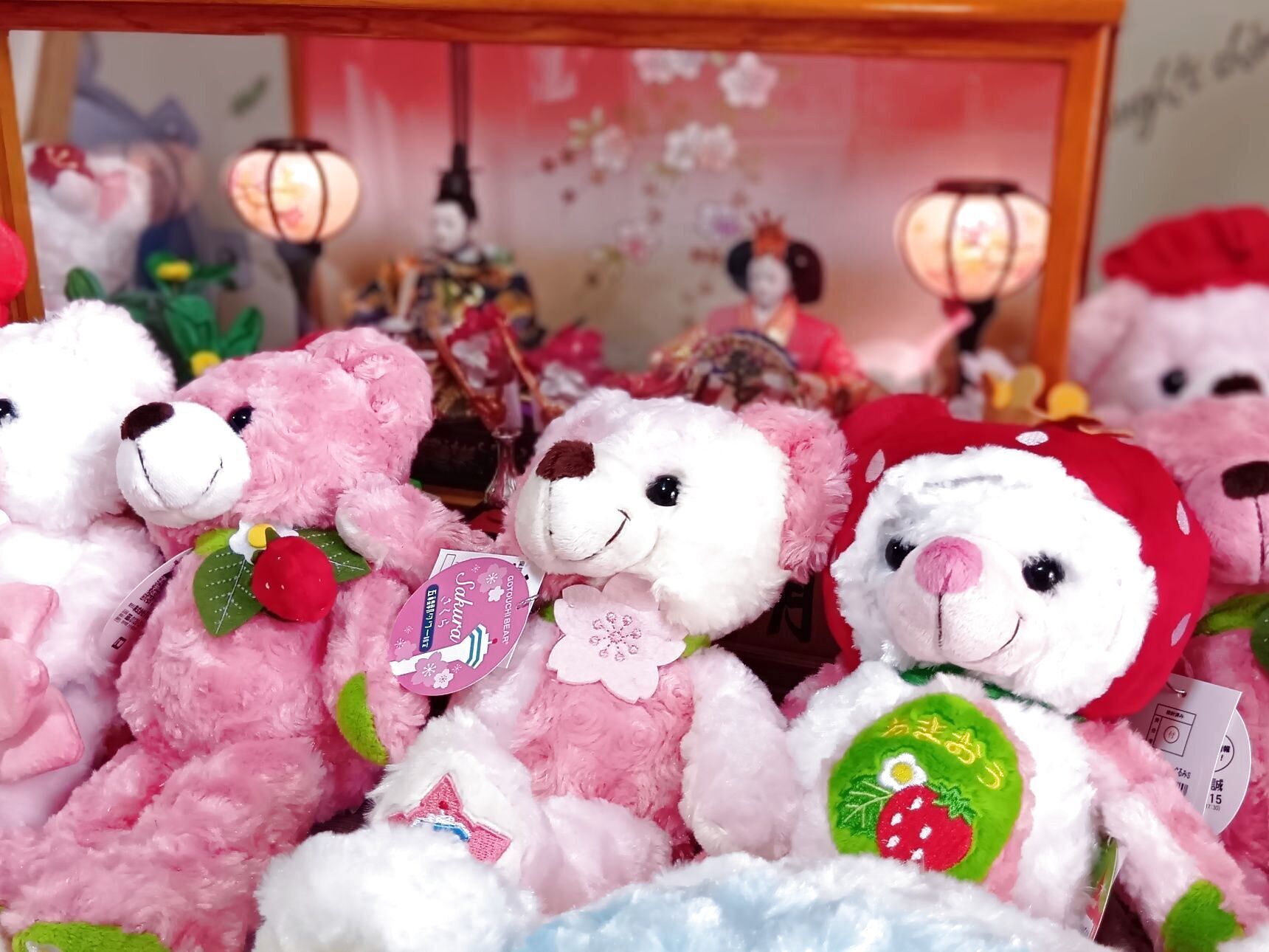 続編で今度は娘中心のひな人形撮影会もしてみることに！→この沢山のぬいぐるみの一部を、ひな人形らしく３色にして、ひな人形との撮影会！