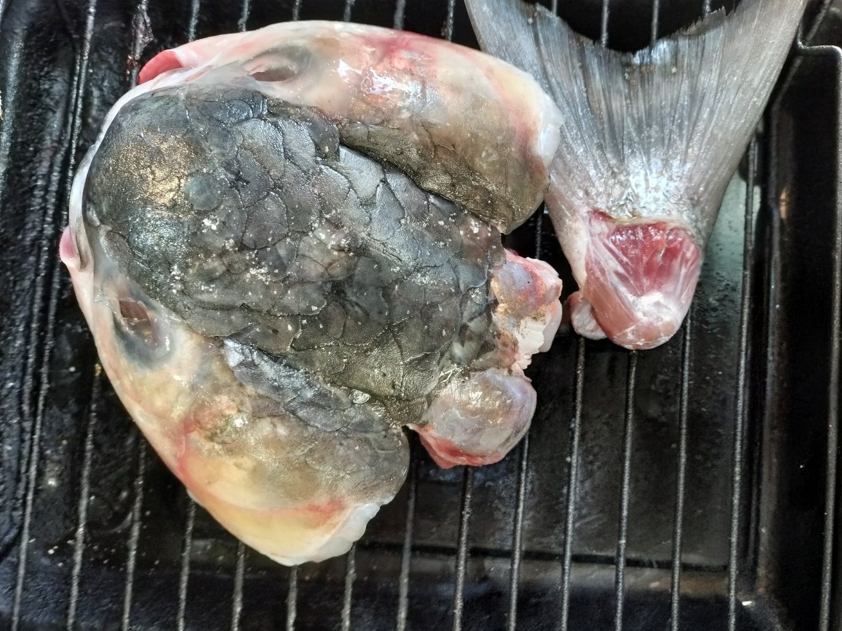 4.頭と尾に、天然塩をふりかけて、グリルでこんがり焼く