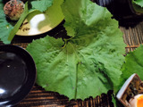 この葉のサクサク天ぷらが美味〜！見て〜器に敷いたら普通のご飯やフルーツがワンランクアップ！