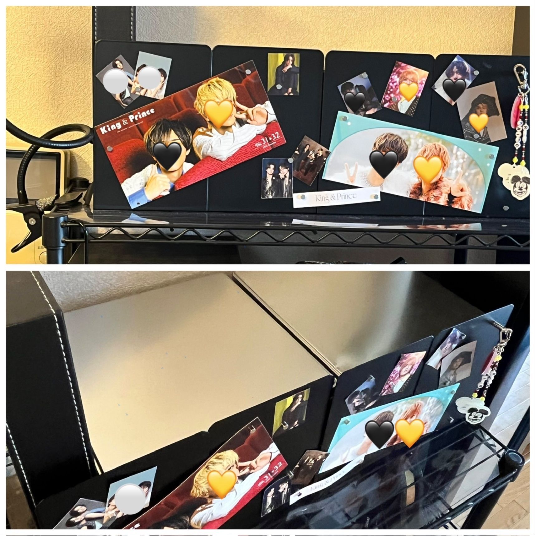 ブックエンドを4つ並べて、缶を目隠しし、ブックエンドにはマグネットで推し写真を飾りました