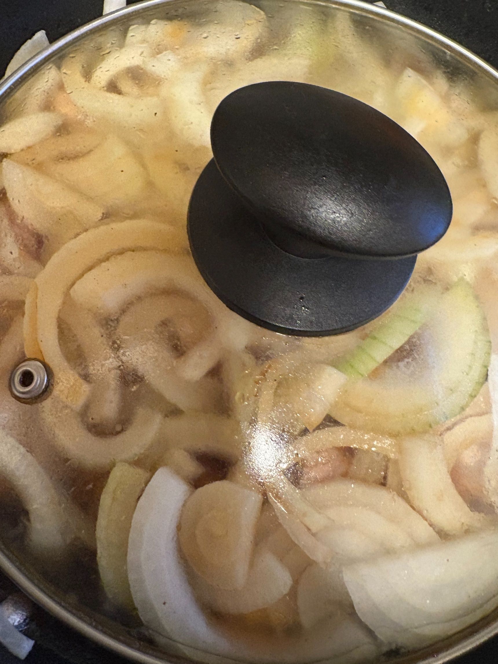 玉ねぎが柔らかくなるまで蓋をしてグツグツ煮ます。