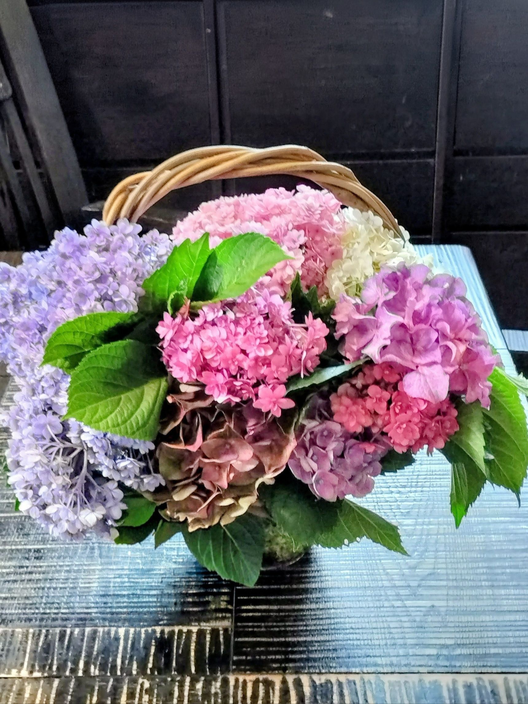 1、摘んできたら、水切りする（水の中で茎を斜めに切る）→花器に木炭を入れて、水を注ぎ入れる→紫陽花を活ける　※木炭を入れているので、水は汚れにくいですが、2日に一度程度で良いので、取り替えて下さい