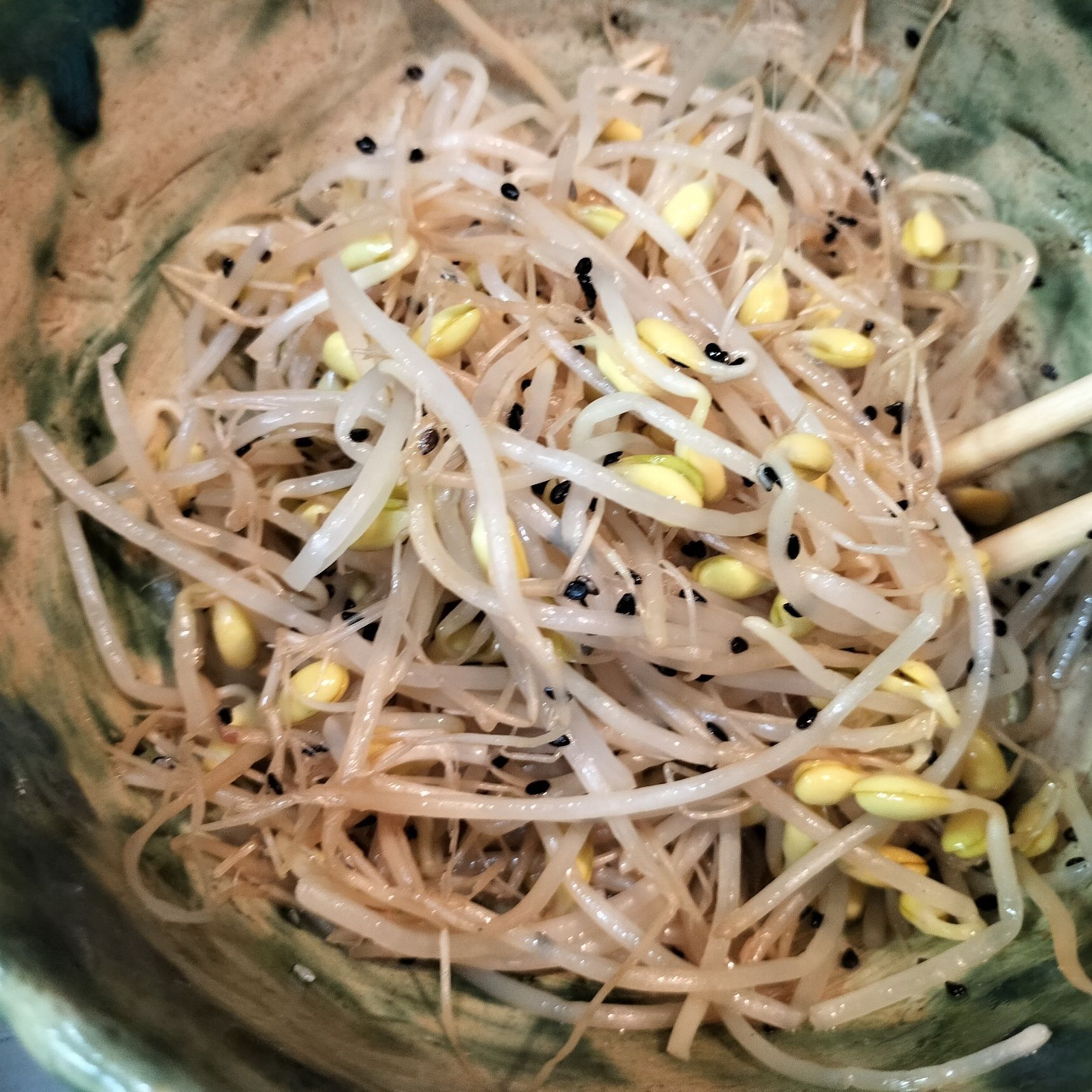 4、耐熱容器に、豆もやしを入れる→電子レンジで3分程加熱する→ごま油と天然塩と炒りごまをふりかけて、軽く混ぜる