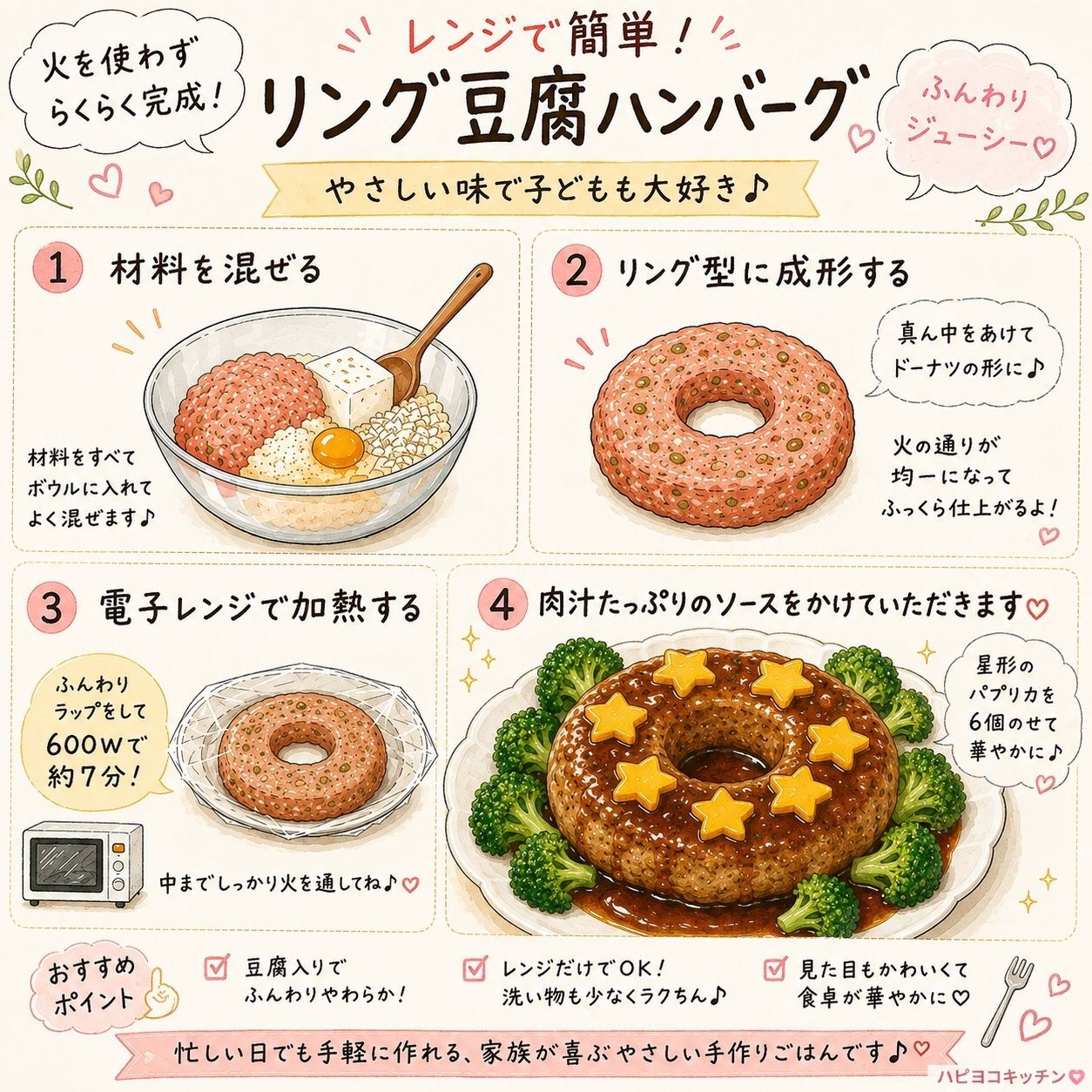 リング状にすることで見た目も華やかになり、食卓がぱっと明るくなる一品に仕上がりました。  豆腐入りでふんわり柔らか、旨味たっぷりの肉汁ソースとの相性も抜群です。家族みんなで楽しめる、笑顔あふれるハンバーグをぜひお試しください。