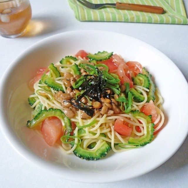 ゴーヤのカレー納豆冷製パスタ