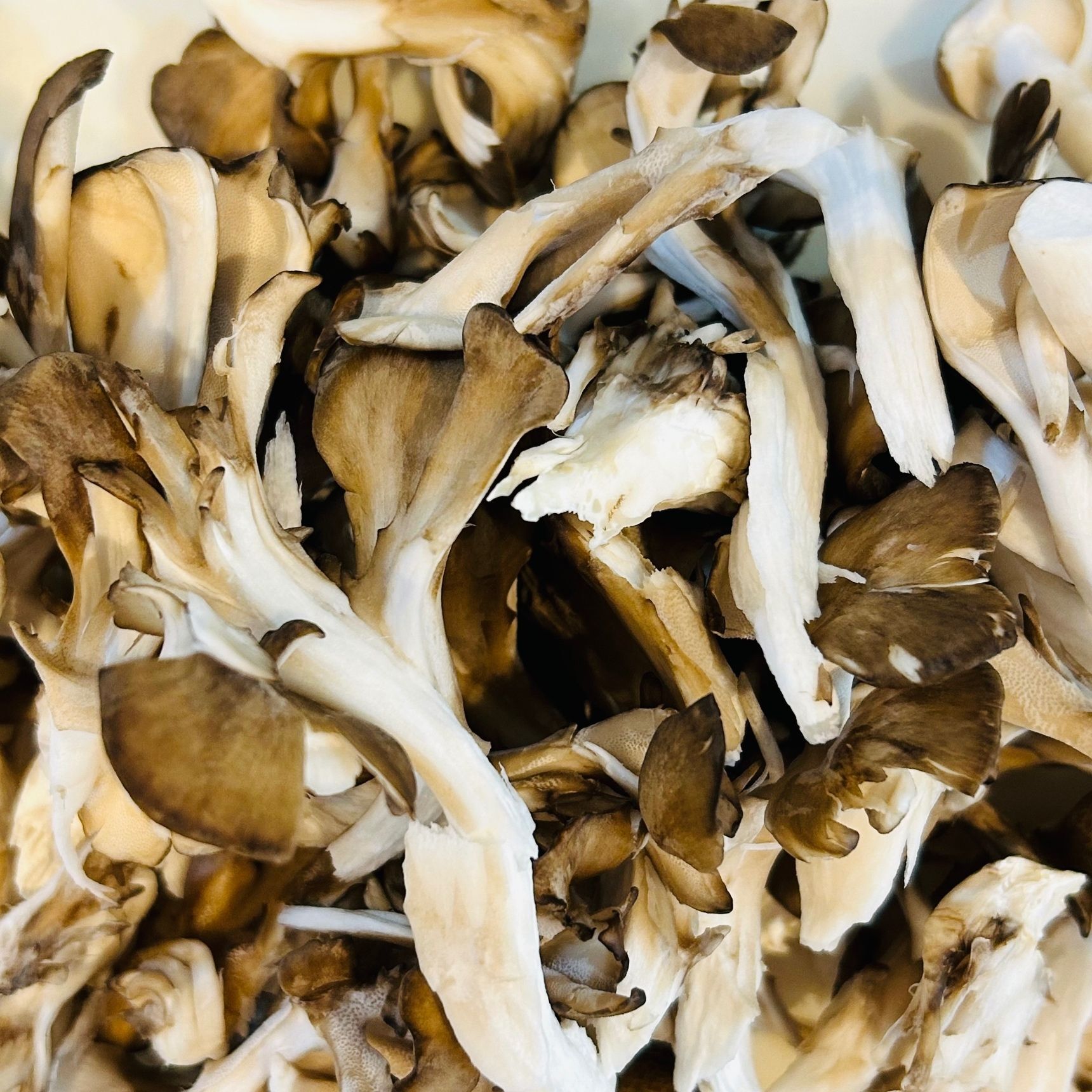 ①舞茸は食べやすい大きさにほぐし、しめじは石づきをとってほぐします