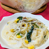 電子レンジとトースターで【長芋と蟹缶のとろ〜りグラタンパスタ】