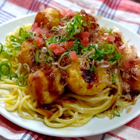 節約レシピ！ボリューム満点！たこ焼きがドーン！マヨたこ焼きスパゲティー