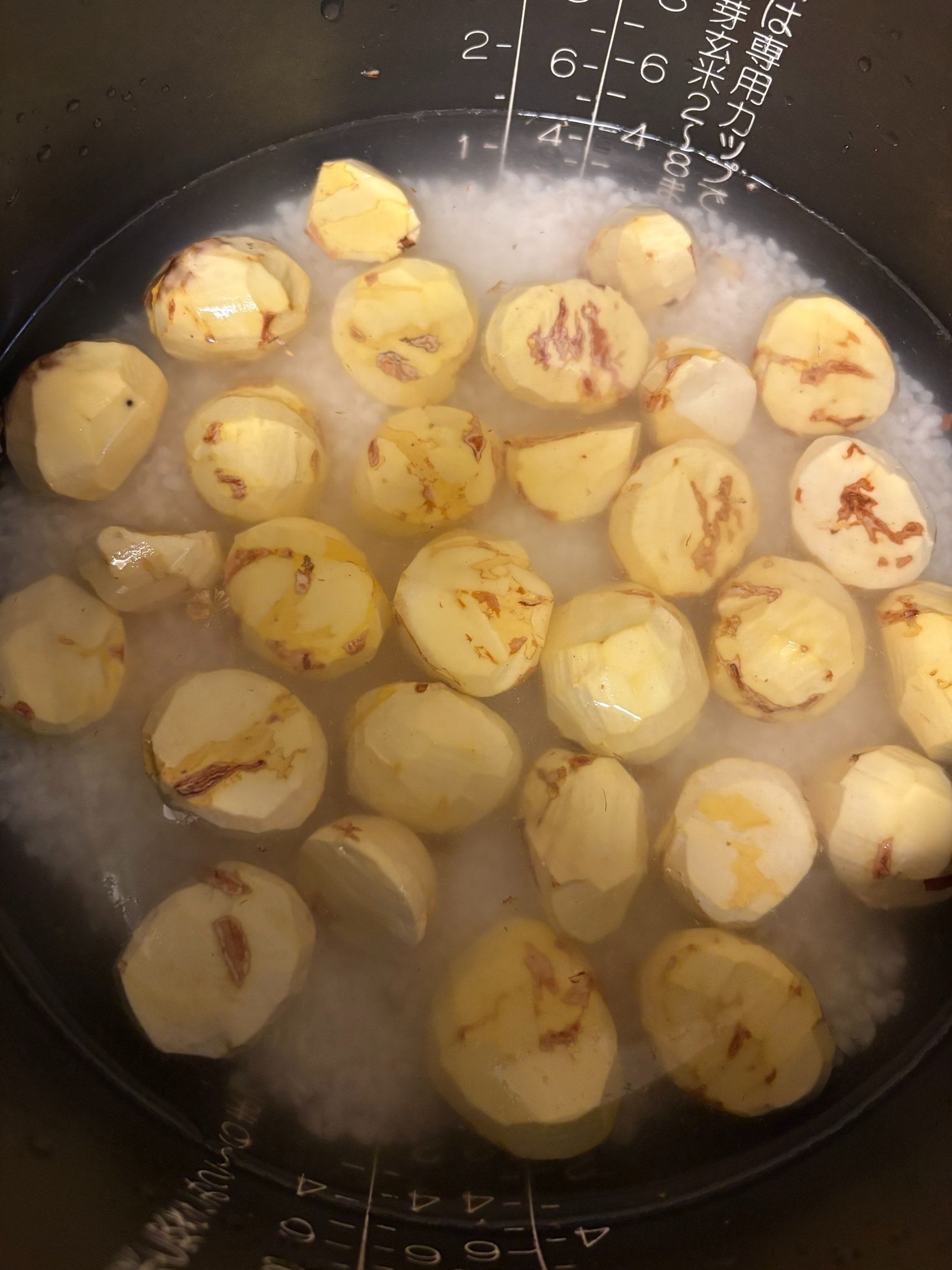 普通にお米を炊く要領でセットしたら栗を乗せてそのまま炊いてしまいます！