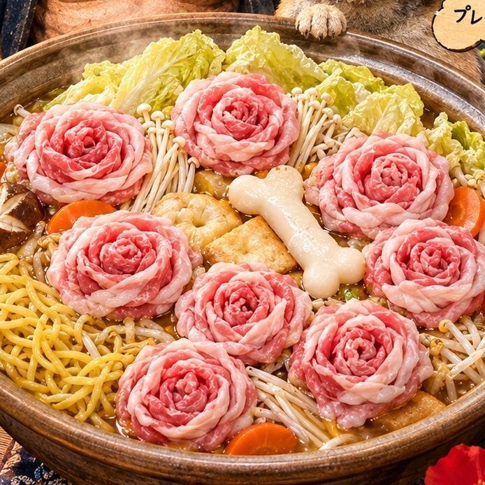 西郷どんは、正義感が強く、男らしさがありながら、ユーモアと愛嬌も持ち合わせた、繊細な一面もある人物だったのではないかと思います。多くの人々に慕われた、その温かい人柄を表現したくて、愛や敬意の象徴でもある薔薇の花に思いを込めました。豚バラ肉を8個の薔薇に見立て、西郷どんへの感謝と敬意を込めて、鍋の中に華やかに咲かせています。