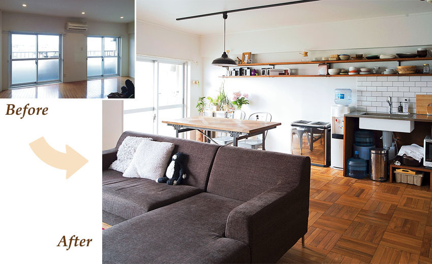 台形のリビングは間取りを生かしてコーディネート。ソファは「ソネチカ」。ダイニングテーブルは「ギャラップ」