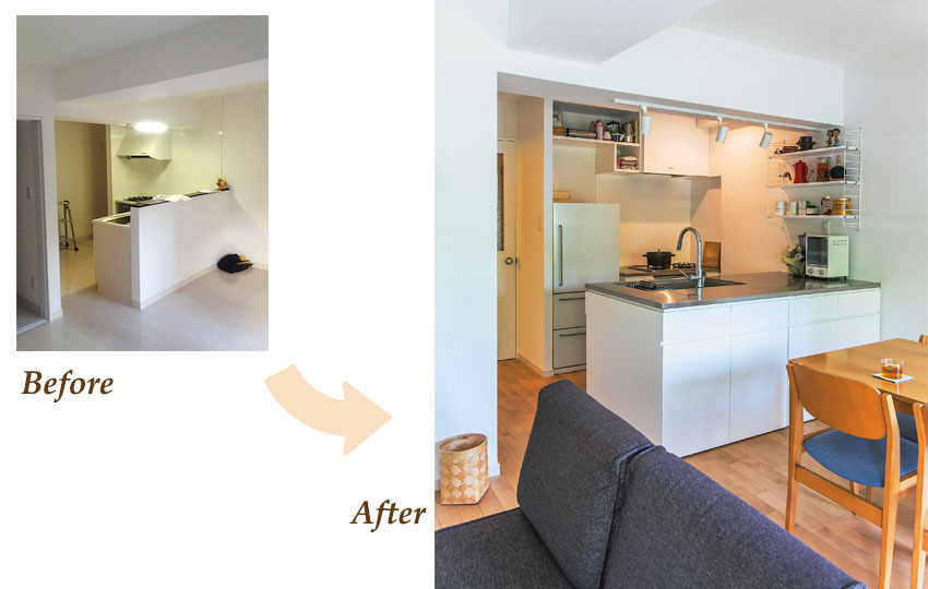 シャープな箱型デザインのキッチン