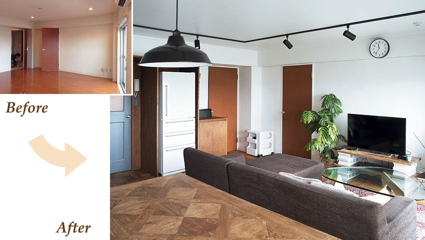 床、壁、天井をかえ、ライティングレールと棚を設置。