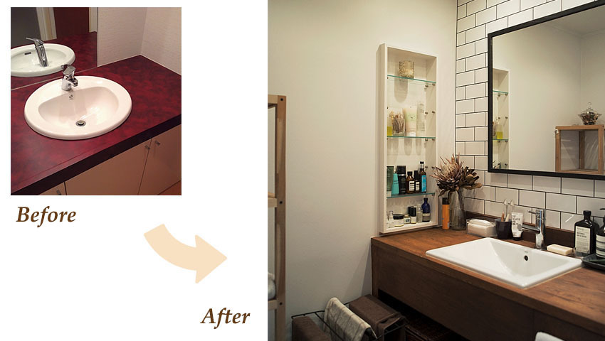 洗面台にはイケアの鏡を設置。イタリア製のレクタングルタイルと相性がいいです