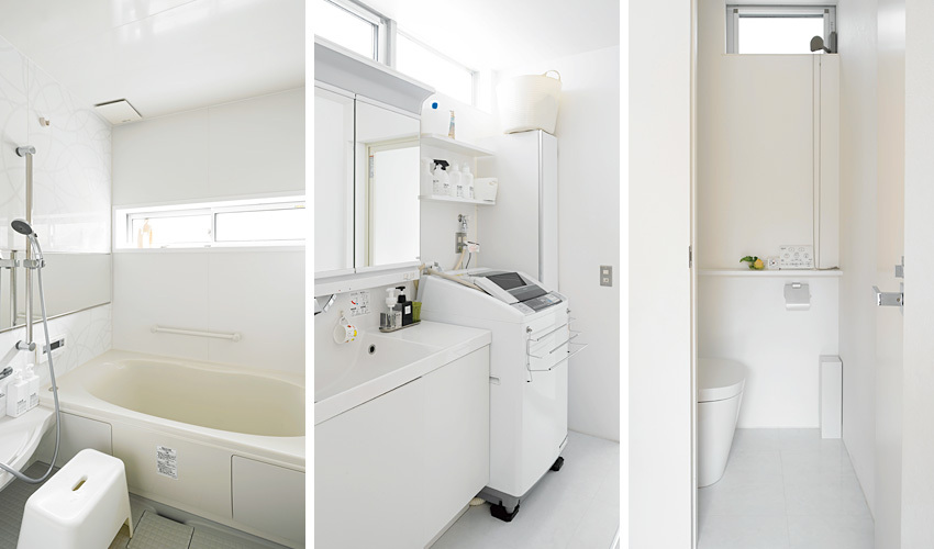 浴室・洗面室・トイレはLIXILやIKEAなどの既成品を採用しました。水回りは白でコーディネートすることで清潔感が感じられます。