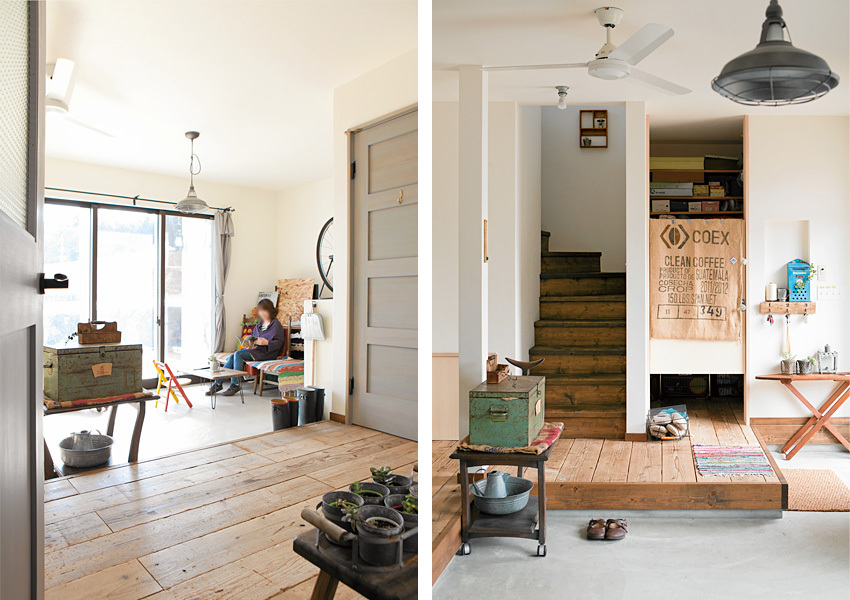 傷やペンキ汚れがカッコいい古材の土間玄関