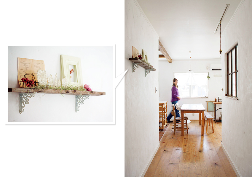 古材のような棚板を自分で取り付けた廊下