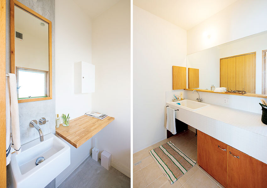 硬質な素材感と木製カウンターとの対比が印象的なサニタリー