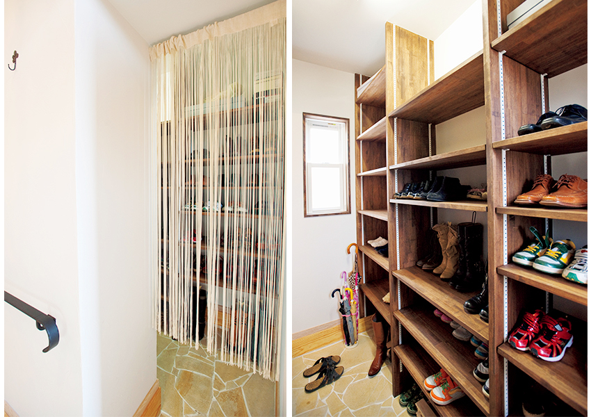 のれんで目隠ししたシューズクローゼット