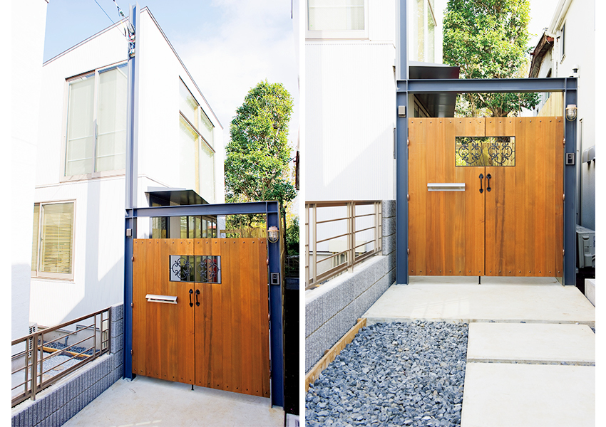 個性的な木製門扉のある外観