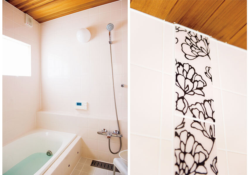 一部分にイタリア製タイルをライン状にあしらった浴室