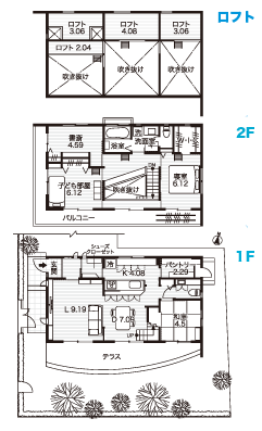 ロフトのある2階建て住居の間取り図
