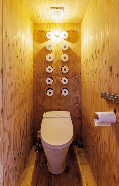 背面の壁にトイレットペーパーが収納されたトイレ